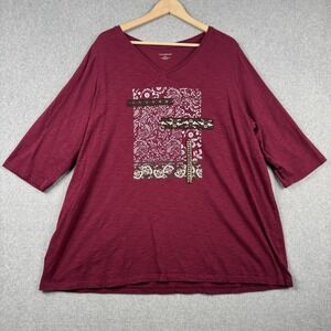 Catherines Shirt Womens 1X 18/20W Burgundy V Neck 3/4 Sleeve Patchwork Graphic